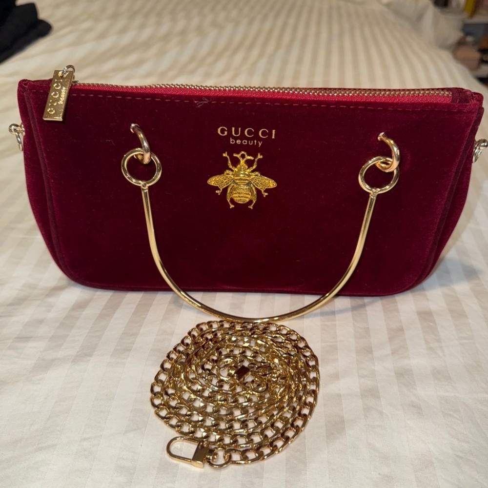 Gucci Beauty Red and Gold Clutch with Iconic Bee Emblem